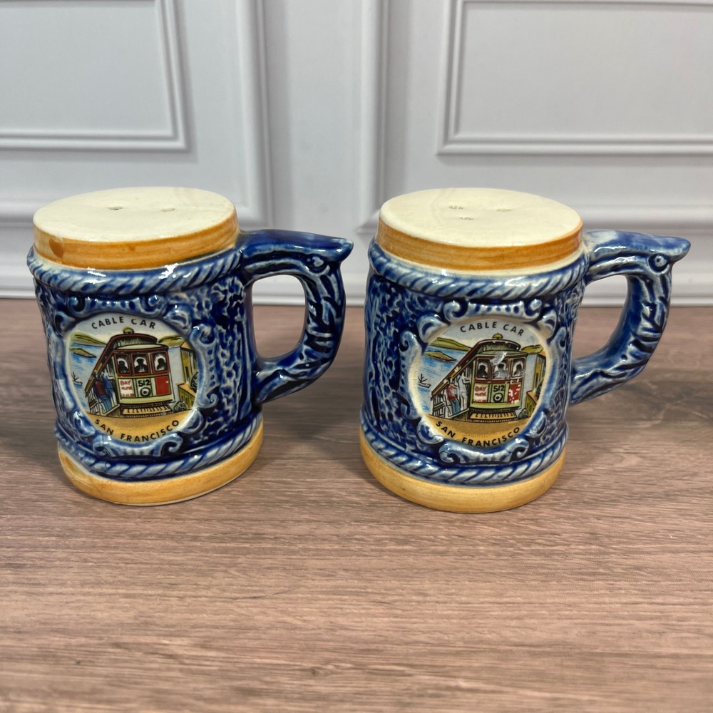 SNCO Salt Pepper Shakers Souvenir Blue San Francisco‎ Cable Car Mug Japan